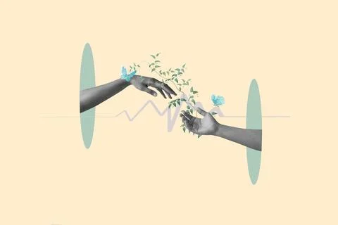 Two hands about to hold each other with butterflies and a plant branch Stock Photos
