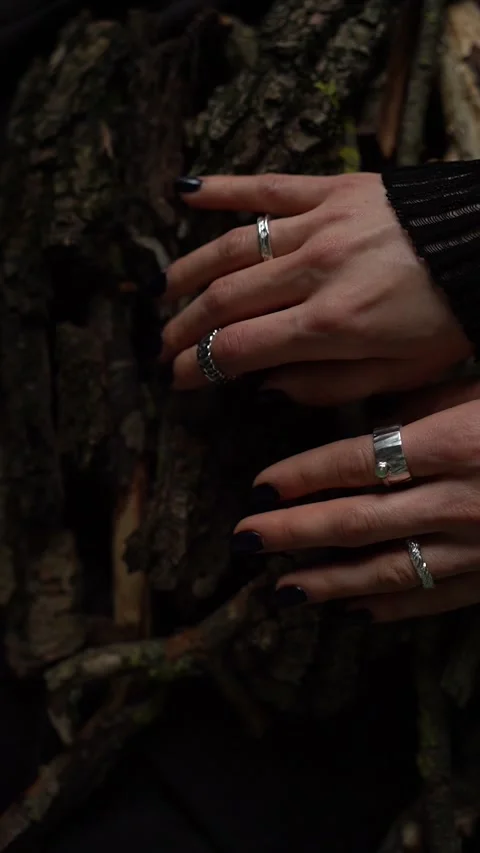 Two hands adorned with silver rings sliding over tree bark Stock Footage 280302181