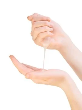 Two hands applying liquid soap. Foto stock