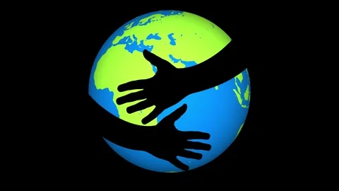 Two hands are embracing planet earth rotating on a black background, symbol.. Stock Footage 305628932