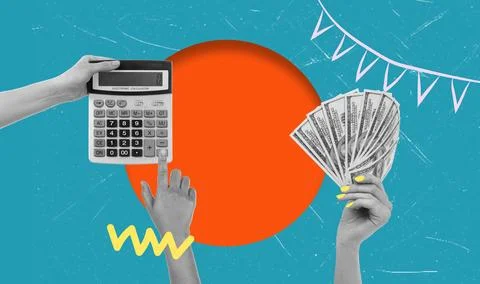 Two hands are in focus as one holds a calculator while the other shows cash.  Foto stock