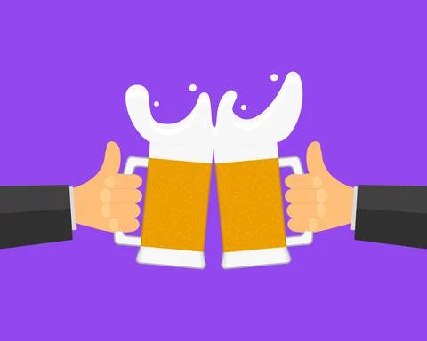 Two hands are holding beer glasses and clink glasses.  Stock Illustration