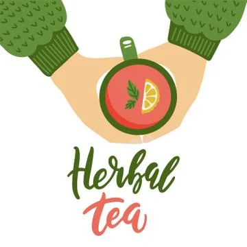 Two hands are holding a cup of hot herbal tea with lemon. Flat Vector Illustr Stock Illustration