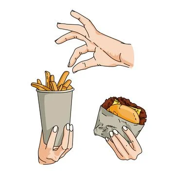 Two hands are holding a hamburger and fried fries. Fast food illustration Stock Illustration