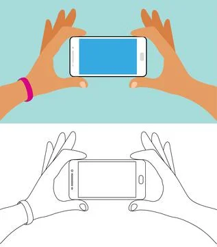 Two hands are holding a smartphone with a blank screen. Hands holding the pho Stock Illustration