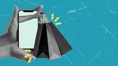 Two hands are shown holding a smartphone and shopping bags. The background ha Stock Photos