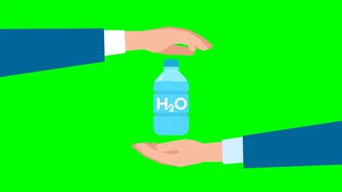 Two hands in blue suits open and a bottle with the inscription "water" appears Stock Footage 273230179