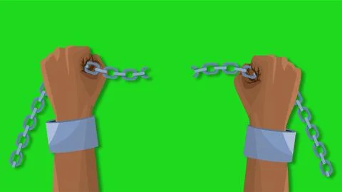 Two hands breaking metal chains on green screen background symbolizing free.. Ilustración de archivo