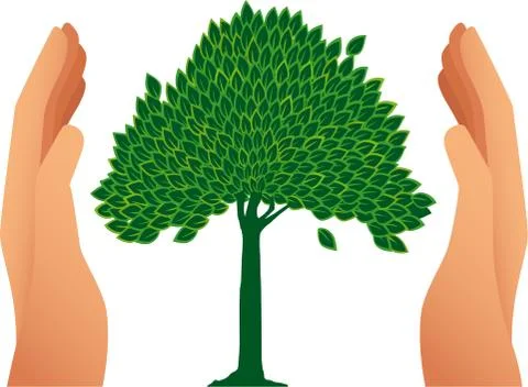 Two hands caring a tree drawing. Environmental concept. Stock Illustration
