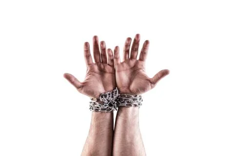 Two hands in chains isolated on white background with clipping path Foto stock