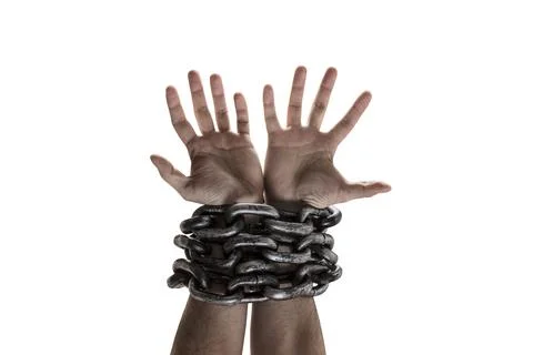 Two hands in chains isolated on white background with clipping path Stock Photos