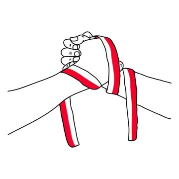 Two hands clasped together with red and white ribbons Stock Illustration