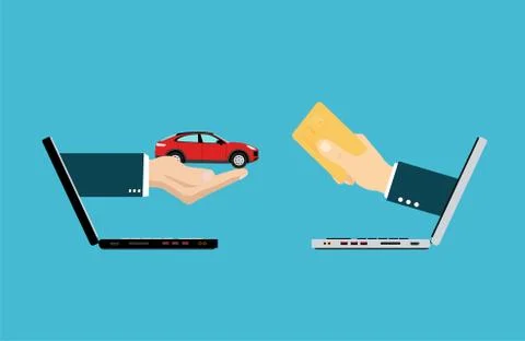 Two hands coming out from laptops exchanging money for a car Stock Illustration
