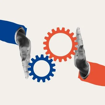 Two hands connecting gears, representing strategic alignment and integration Stock Photos