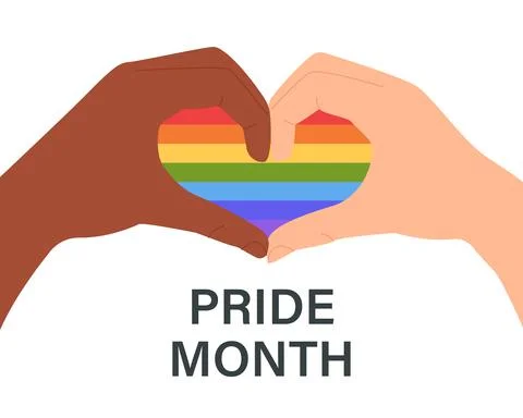 Two hands create a heart shape with the rainbow flag of the LGBT community Stock Illustration
