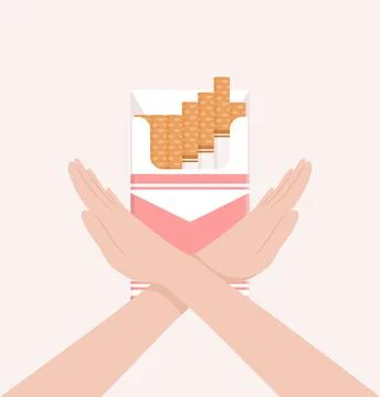 Two hands crossed in a stop gesture in front of an open pack of cigarettes Stock Illustration