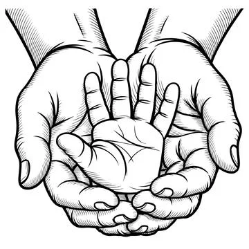 Two hands cupping a small bird detailed engraving style illustration Stock Illustration