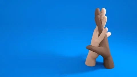 Two hands dark and light intersect on a blue background Stock Photos