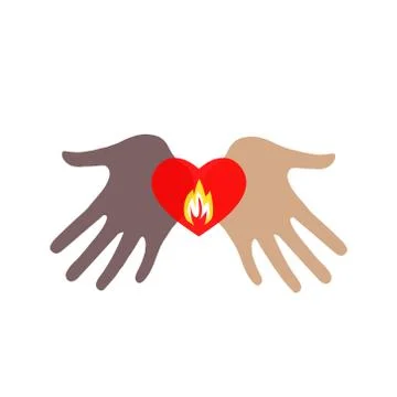 Two hands of different skin colors holding a burning heart. Stock Illustration