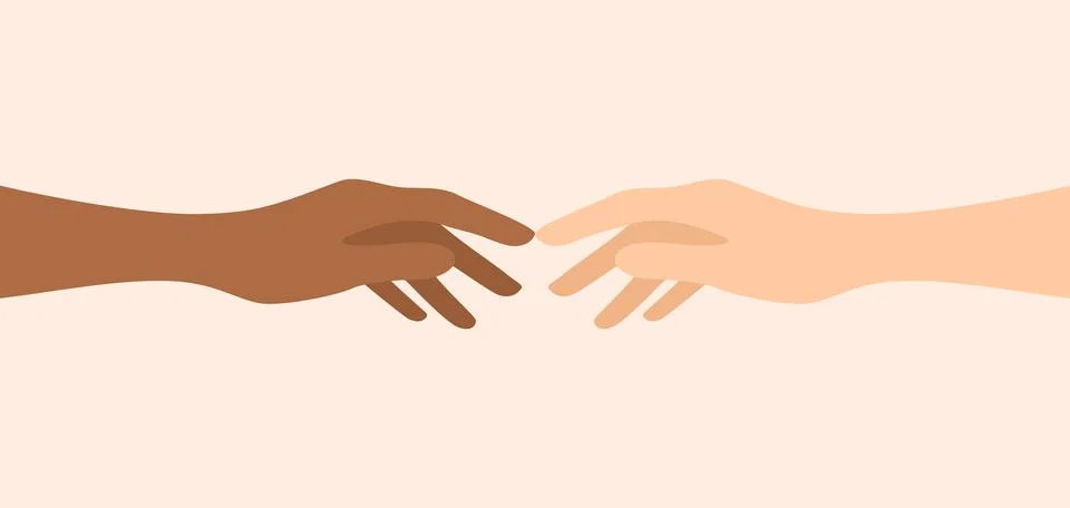 Two hands of different skin tones reaching towards each other Stock Illustration