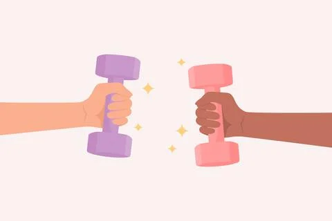 Two hands with different skin tones holding colorful dumbbells Stock Illustration