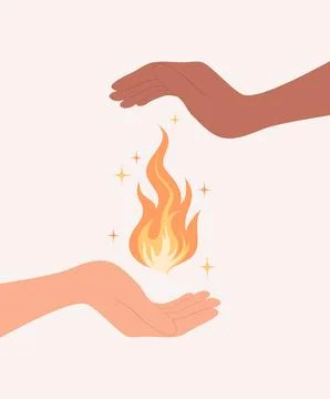 Two hands of different skin tones caring for a flame between them Stock Illustration