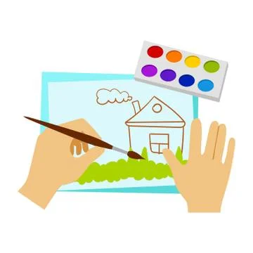 Two Hands Drawing With Paint And Brush, Elementary School Art Class Vector Stock Illustration