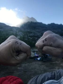 Two hands with drawn faces on them in the wilderness Stock Photos