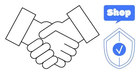 Two hands engaging in a handshake. A blue speech bubble with the word shop. A Stock Illustration