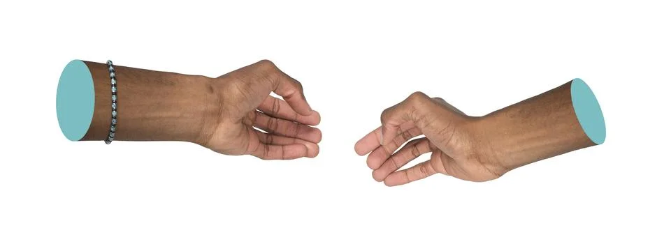 Two hands extend sideways forming reaching interaction gesture against neutra 스톡 사진
