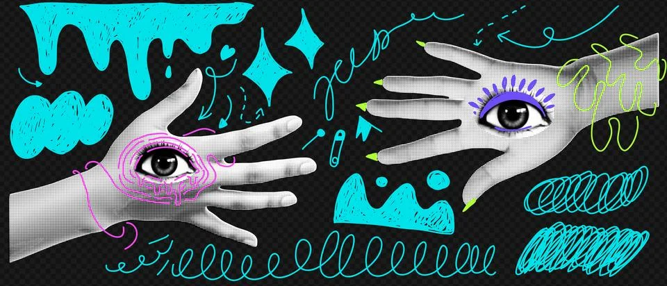 Two hands with an eye on them. Isolated collage element on transparent black Stock Illustration