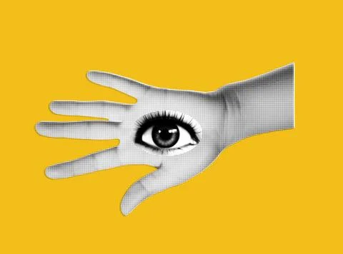 Two hands with an eye on them. Isolated element for collage on purple background Stock Illustration