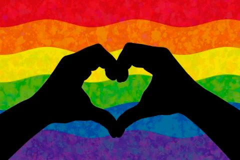 Two hands in the form of heart over LGBT colorful rainbow flag 스톡 일러스트