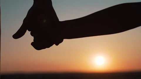 Two hands grip together at sunset creating silhouettes against sun. People Stock Footage 342604662