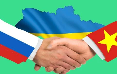 Two hands in a handshake with the flags of Russia and Vietnam on the backgr.. Stock Illustration