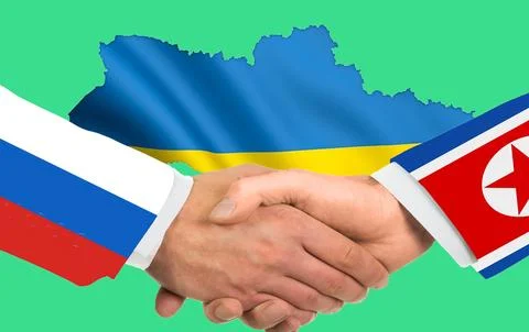 Two hands in a handshake with the flags of Russia and North Korea on the ba.. Stock Illustration