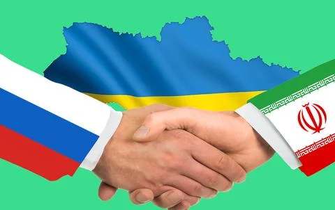 Two hands in a handshake with the flags of Russia and Iran on the backgroun.. Stock Illustration