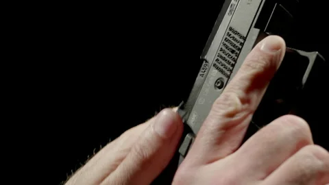 Two Hands Hold Handgun, Danger Crime Pistol Weapon, 9mm Pistol Protection Gun Stock Footage 150600382