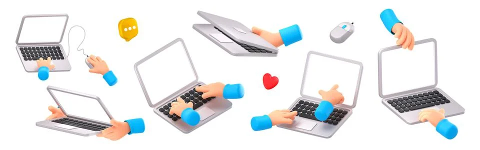 Two hands hold laptop computer with blank screen Stock Illustration