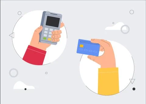 Two hands hold a POS terminal and a credit debit Bank card. The concept of a Stock Illustration