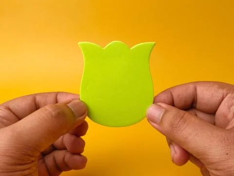 Two hands hold a single green paper cutout shaped like a tulip flower over .. Fotos Stock