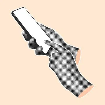 Two hands hold a smartphone with a blank screen while one finger taps it, sid Stock Illustration