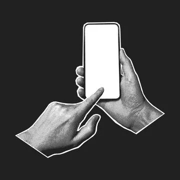 Two hands hold a smartphone with a blank screen while tapping it, halftone .. Stock Illustration