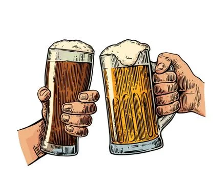 Two hands holding and clinking with two beer glasses mug Stockillustratie