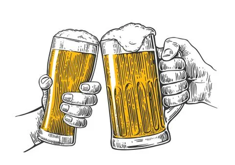Two hands holding and clinking with two beer glasses mug Stock-Illustration