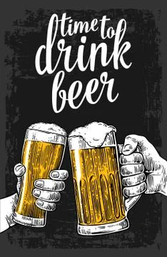 Two hands holding and clinking with two beer glasses mug Illustrazione stock