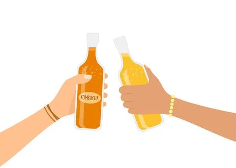 Two hands holding and clinking bottles with kombucha tea Stock Illustration