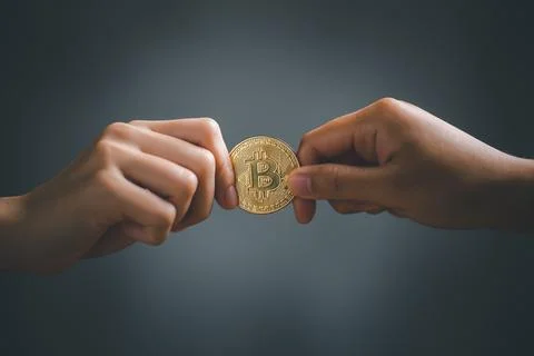 Two hands holding and pulling golden bitcoin. Foto stock