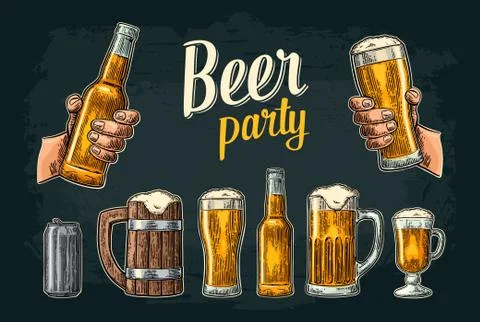 Two hands holding beer glasses mug. Glass, can, bottle. Vintage vector engr.. Stock Illustration