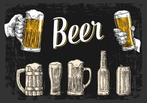 Two hands holding beer glasses mug. Glass, can, bottle. 库存插图